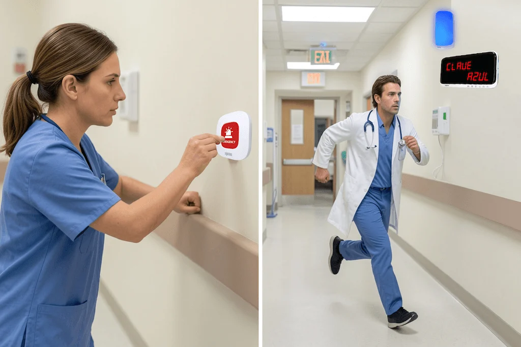 Botón de alerta médica Syscall en hospital para activar clave azul y respuesta inmediata del personal de salud