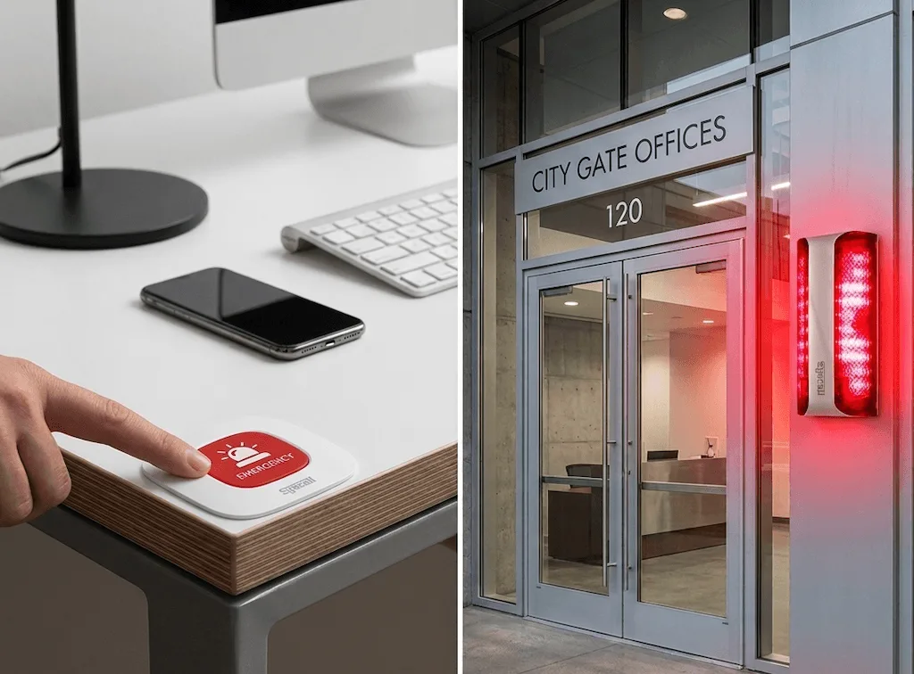Botón de pánico disuasivo Syscall con sirena activa en edificio corporativo para disuadir agresores
